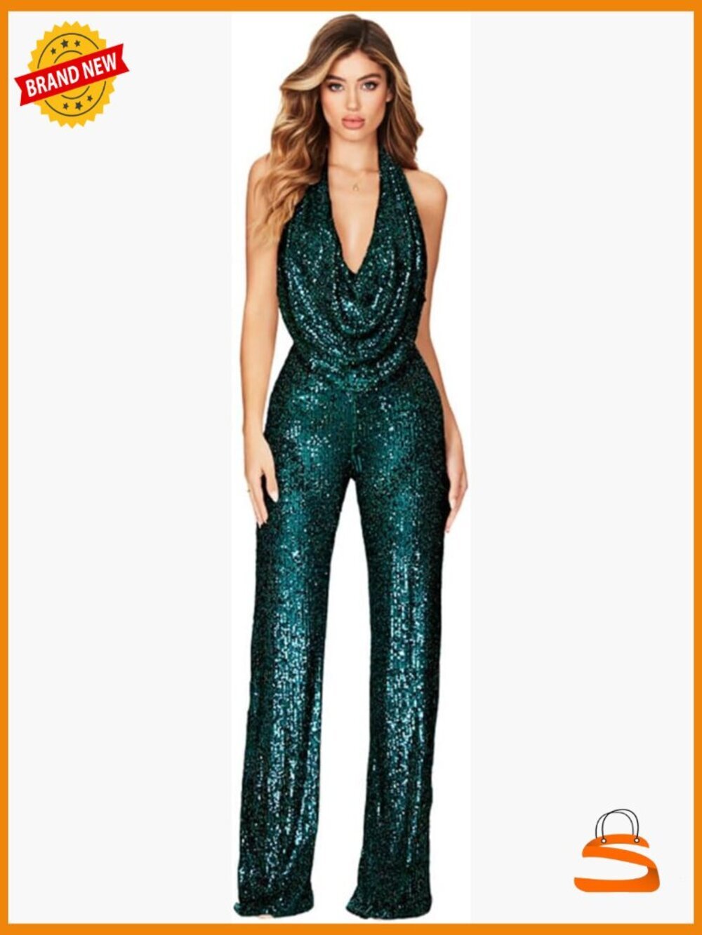Sequin Halter Cowl Neck Backless Jumpsuit Wide Leg Romper Pants